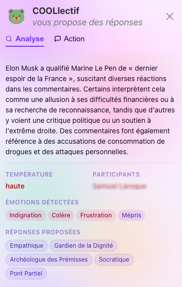 Le panneau COOLlectif analyse les commentaires — onglet Analyse